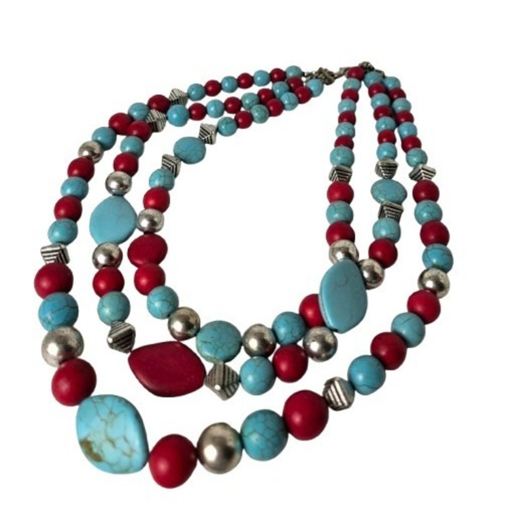 Triple Strand Turquoise Red Bead Statement Necklace Silver Tone Southwestern